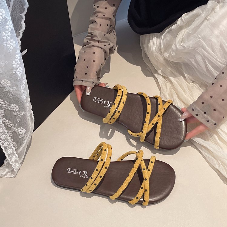 Sandales à glissière plate pour femmes Été Français Woven Beach Chaussures Confortable Non-dérapant One Band S