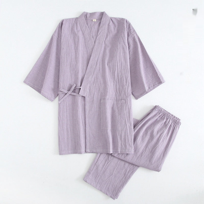 Coton Lavé Pyjama costume mince rayé hommes et femmes japonais couple Kimono pantalons