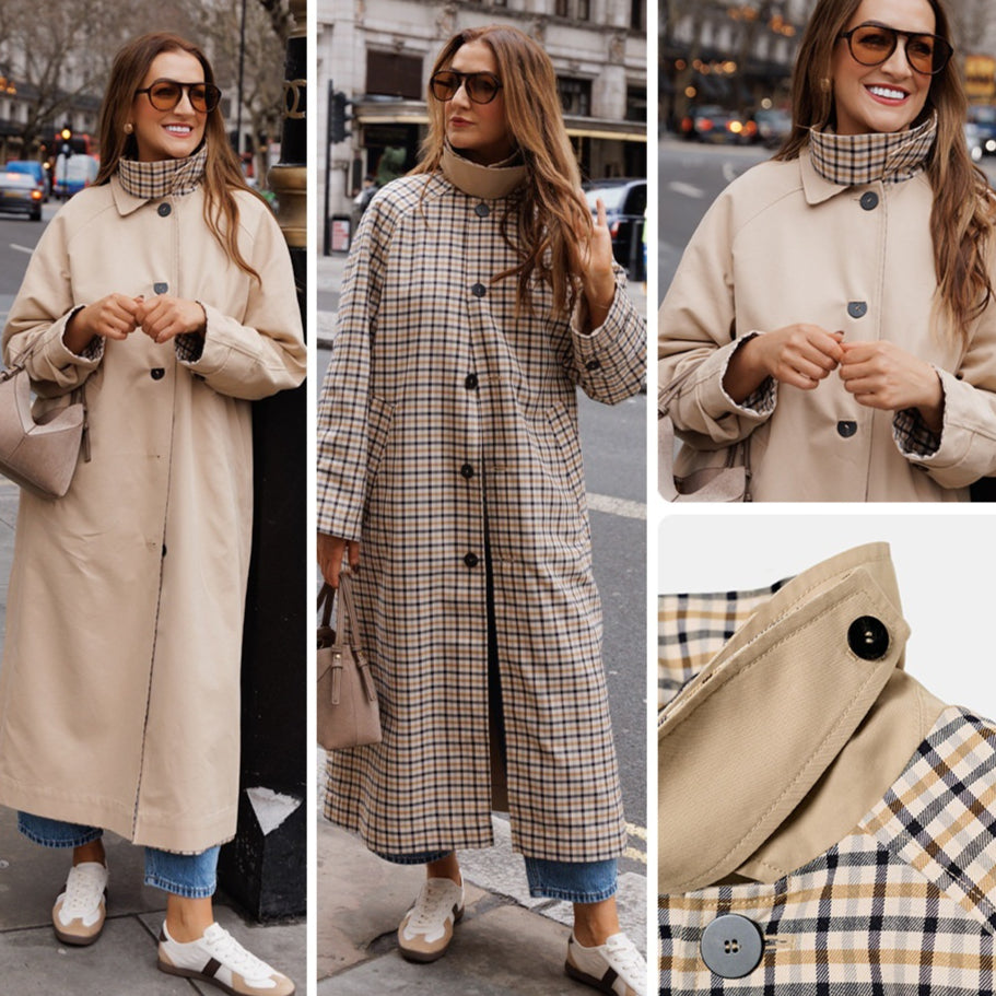 Retro Plaid Long Loose Lapel Porte-manteau artistique à double face à tête unique