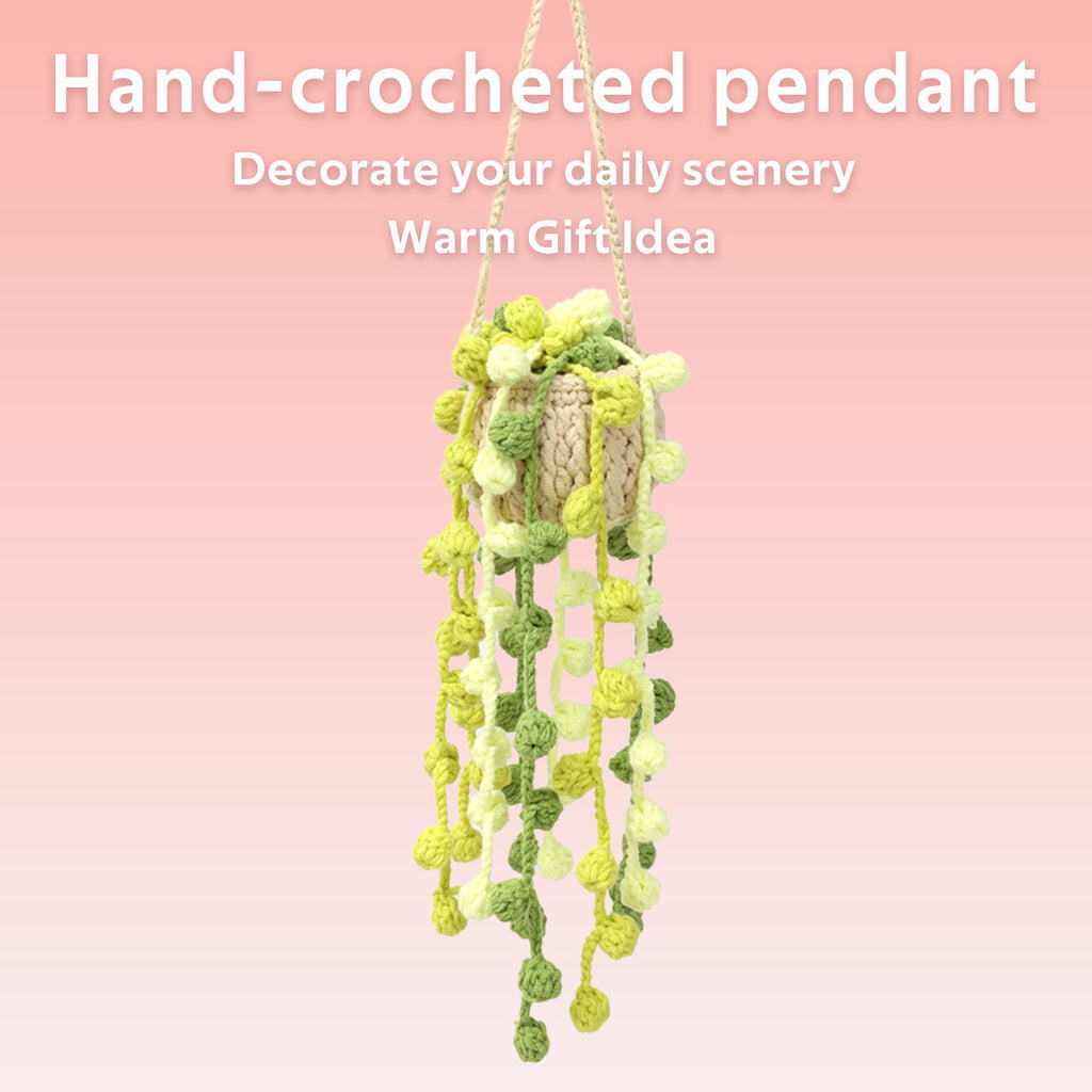 Crochet fait main suspendu Pot ornement avec trailing jaune Bulbous verts Buds et feuille