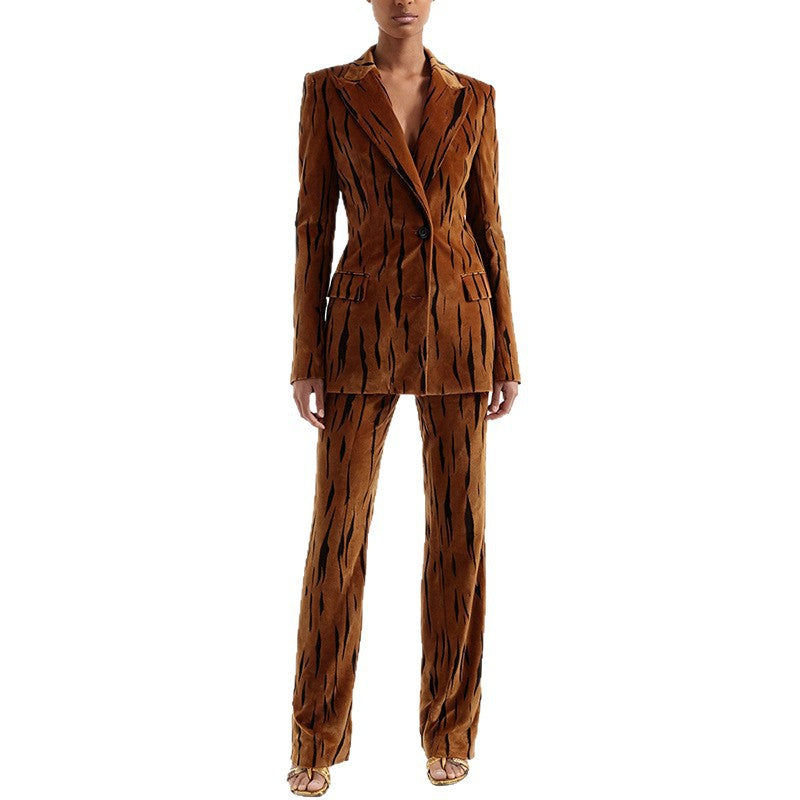 Tiger Stripe Velvet Two-Piece Suit-Double Breasted Blazer & High Waist Flared Floor-Length