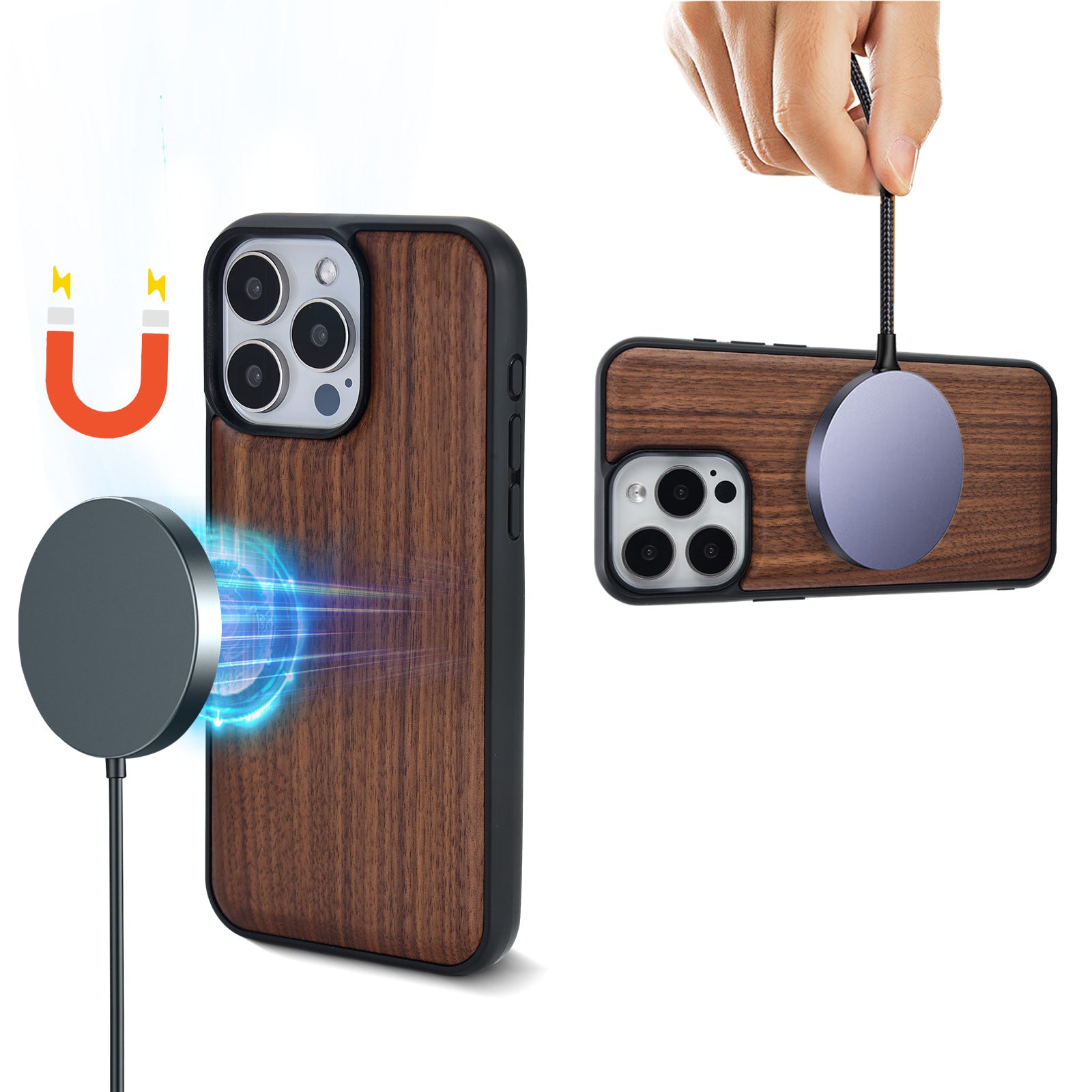 Boîtier de téléphone en bois magnétique