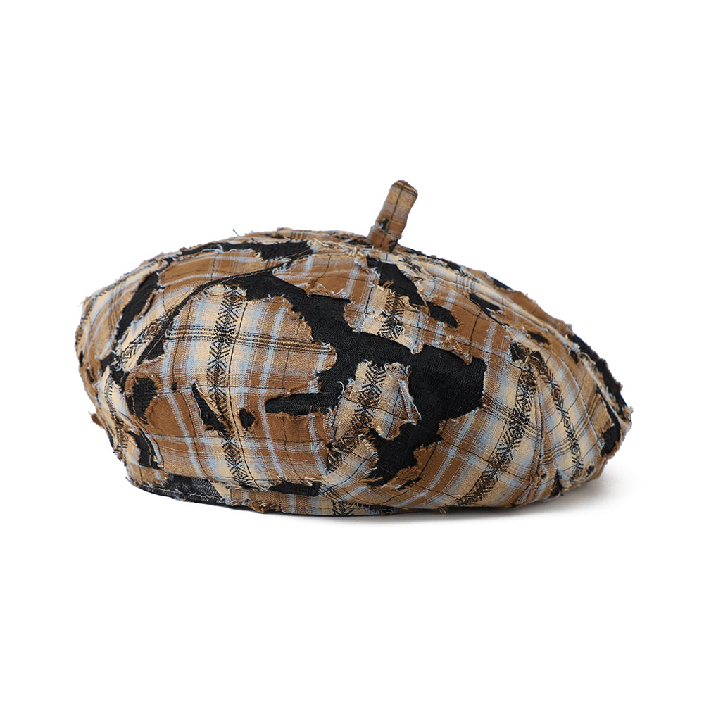 The Distressed Lady Check-pattern Fringed Trend-forward Patch-dyed Checkered Beret is Pe