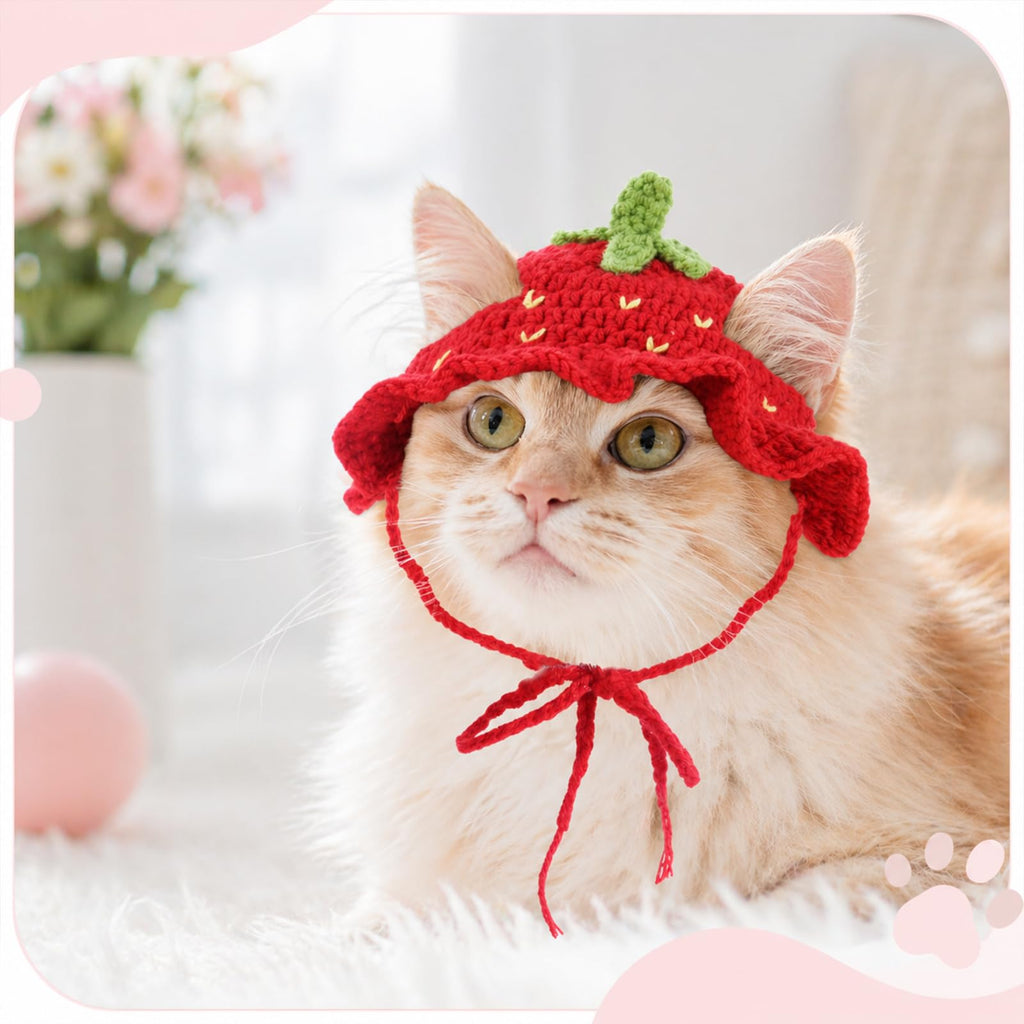 2Pcs Crochet chapeaux de chat tricoté chapeau de chat fraise et grenouille chapeau mignon tricoté chat