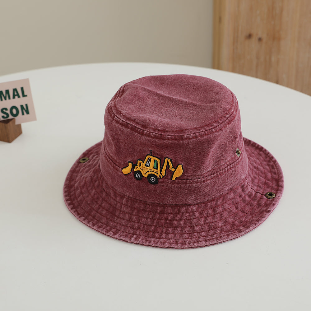 Chapeau à franges pour mini-excavateur brodé de dessin animé pour enfants avec corde et bord réglable