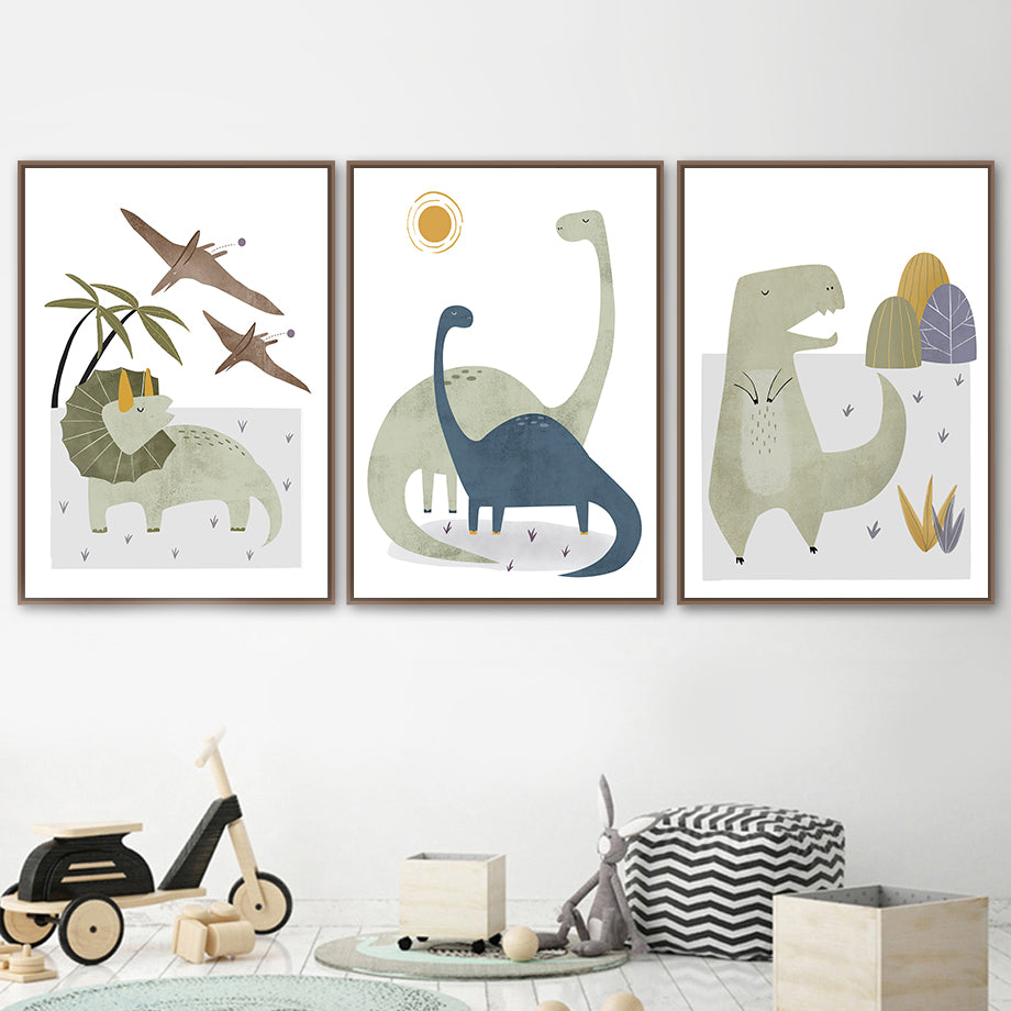 Cute Cartoon Dinosaur Palm Tree Mountain Sun Affiche scandinave et papier toile d'art murale