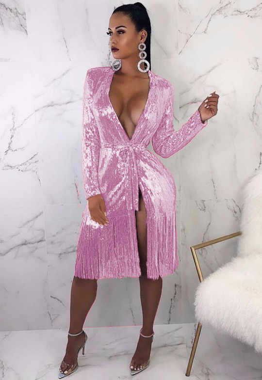 Deep V-col brillant Dentelle-up à manches longues Sexy Split Fringe Robe