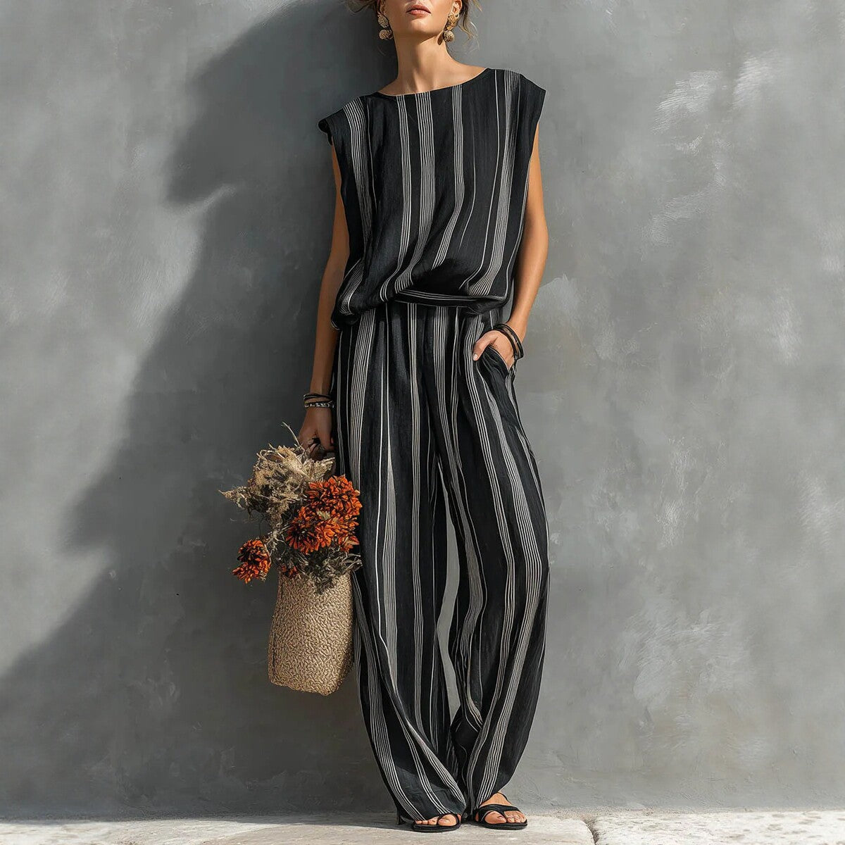 Top rayé sans manches et ensemble de pantalons à large jambe