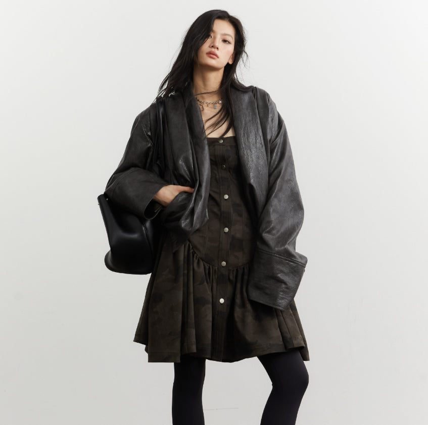 Genre neutre Silhouette plissée Ebony-brun Faux cuir PU Veste
