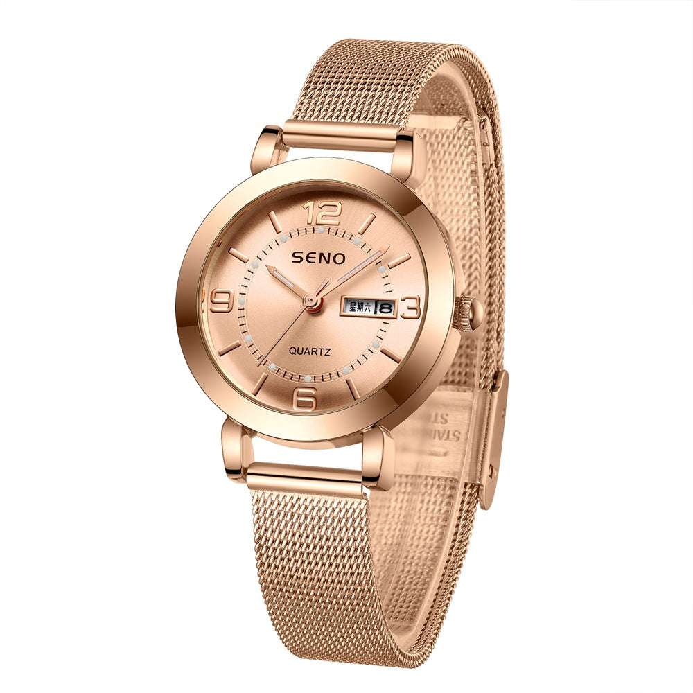 Lumière de nuit Imperméable Dual Calendar Montre Quartz en alliage pour femmes