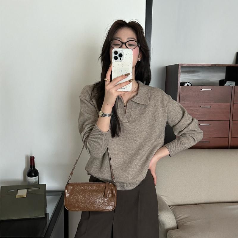 Gris foncé Préppy style tricoté manches longues haut bas