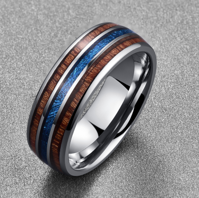 Nuncad Polisé 8MM Hawaiian Koa Wood Hommes Anneau Grande Taille Bandes de Mariage BleuVermiculite