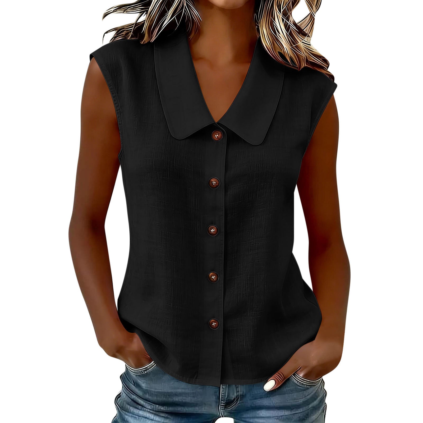 Printemps été femmes S Élégante entreprise Polo cou bouton bas Blouse sans manches