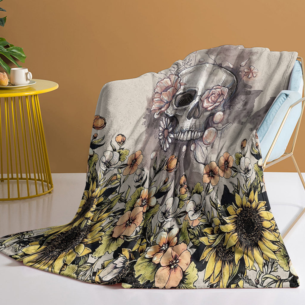 Skull Flannel Blanket Sunflower Skull Pattern Blanket Soft Beige Blanket for C