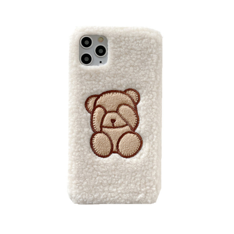 Téléphone mobile coque mignon dessin animé ours laine d'agneau velours broderie