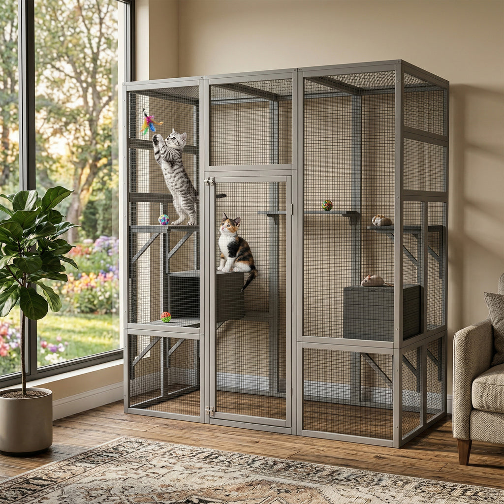 62,6" Maison de chat en bois d'extérieur gris Grand Catio