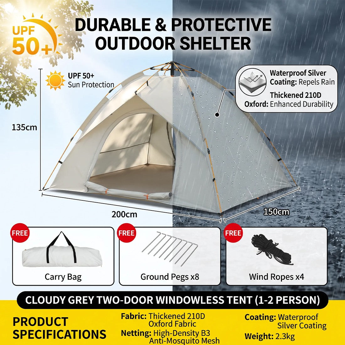 2-3 Man UK Outdoor Automatic Double Layer Up Camping Tente Imperméable