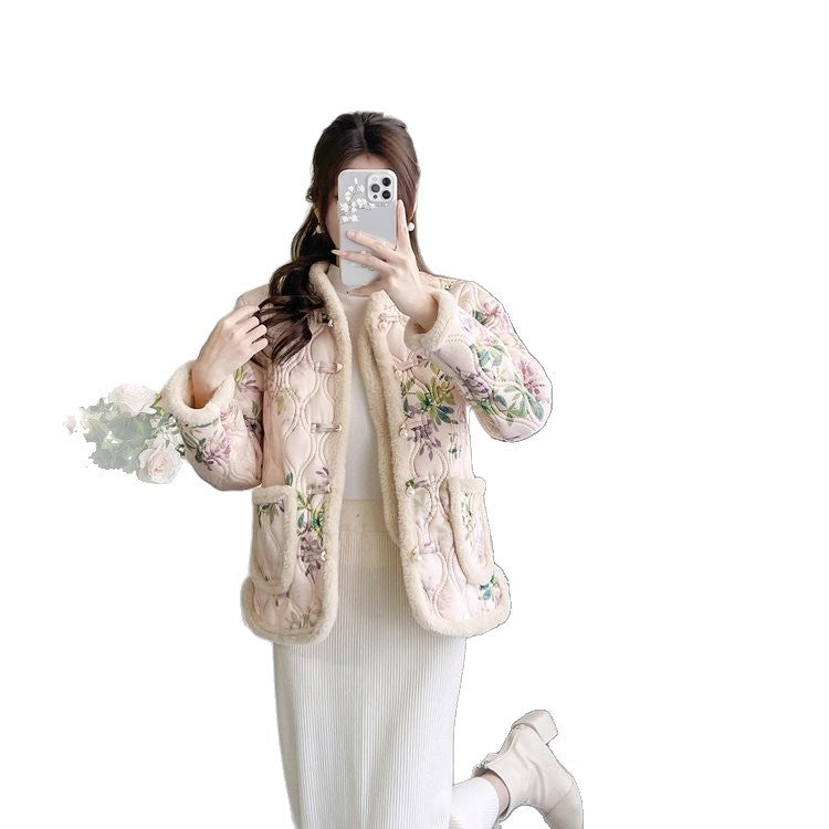 Femmes Retro Grenouille-Button Floral Velvet-Line de coton rembourré