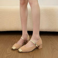 Femmes Mary Jane Block Heel Pompes Metallic Gold Cap Toe Embossed Texture Upper Pearl Buckle