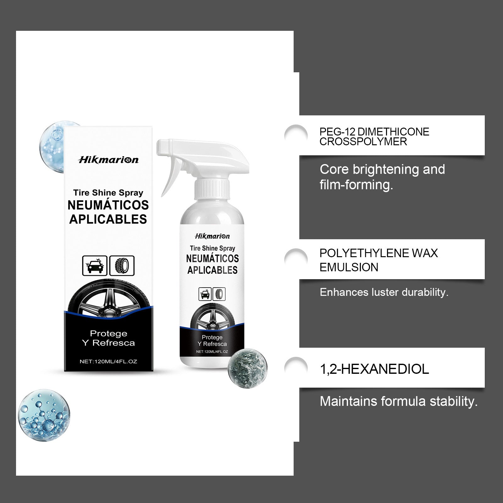 Hikmarion Tire Shine Spray est un agent de polissage et d'entretien de pneus approprié pour post-Was