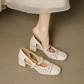 Carré Toe Woven Openwork Mary Jane Sandals Femmes Mid Heel Bracelet simple