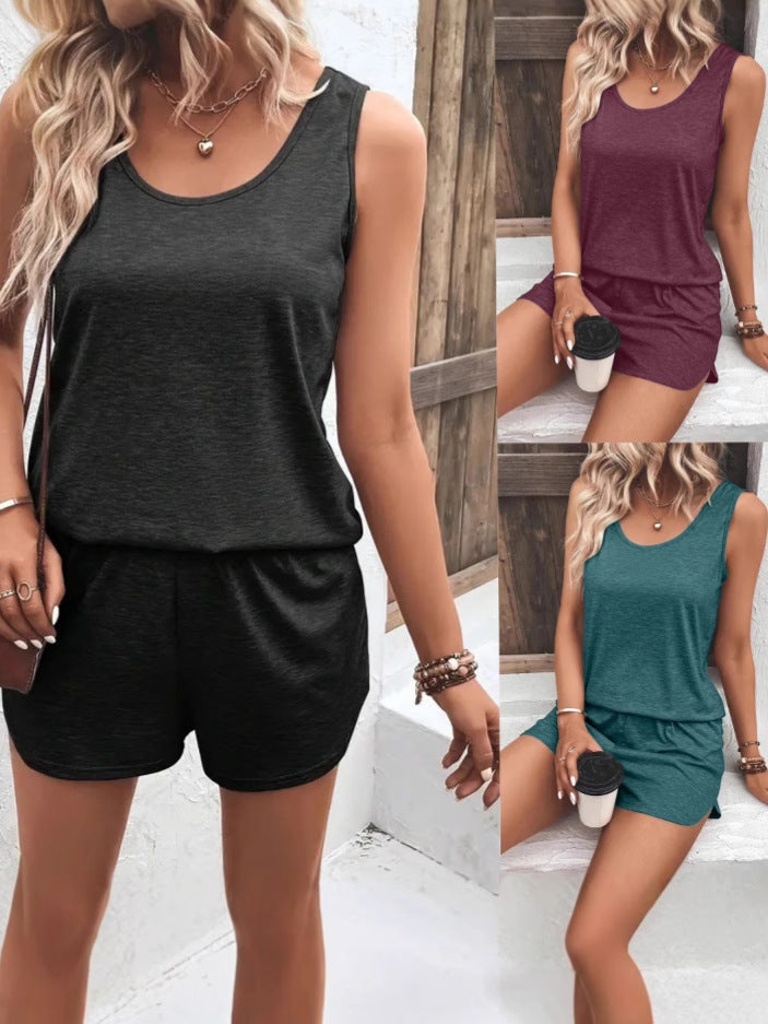 Costume femme Costume d'été Costume occasionnel rond Col sans manches Top Shorts Costume femme