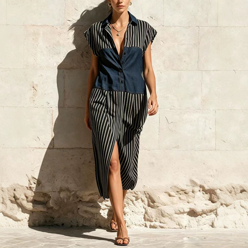Robe de chemise de patchwork rayée Slit Design pour un look mi-long slimming