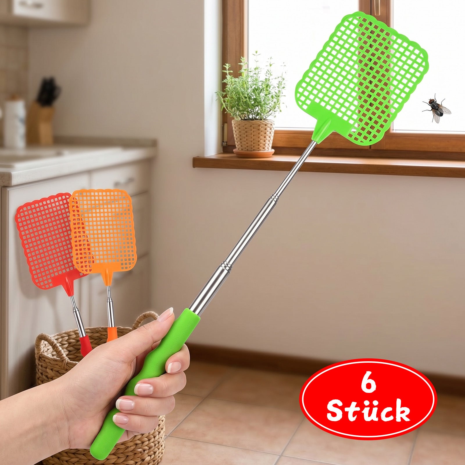 Ensemble de 6 swatters à mouche: 2 Rouge + 2 Orange + 2 Pièges d'insectes rétractables verts pour la maison