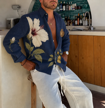 Shirt Marine Hibiscus & Lemon Print Surdimensionné