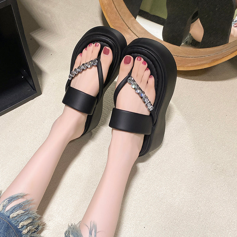 Women Summer Rhinestone Crystal Chain Platform String Sandals Slide Matching Daily