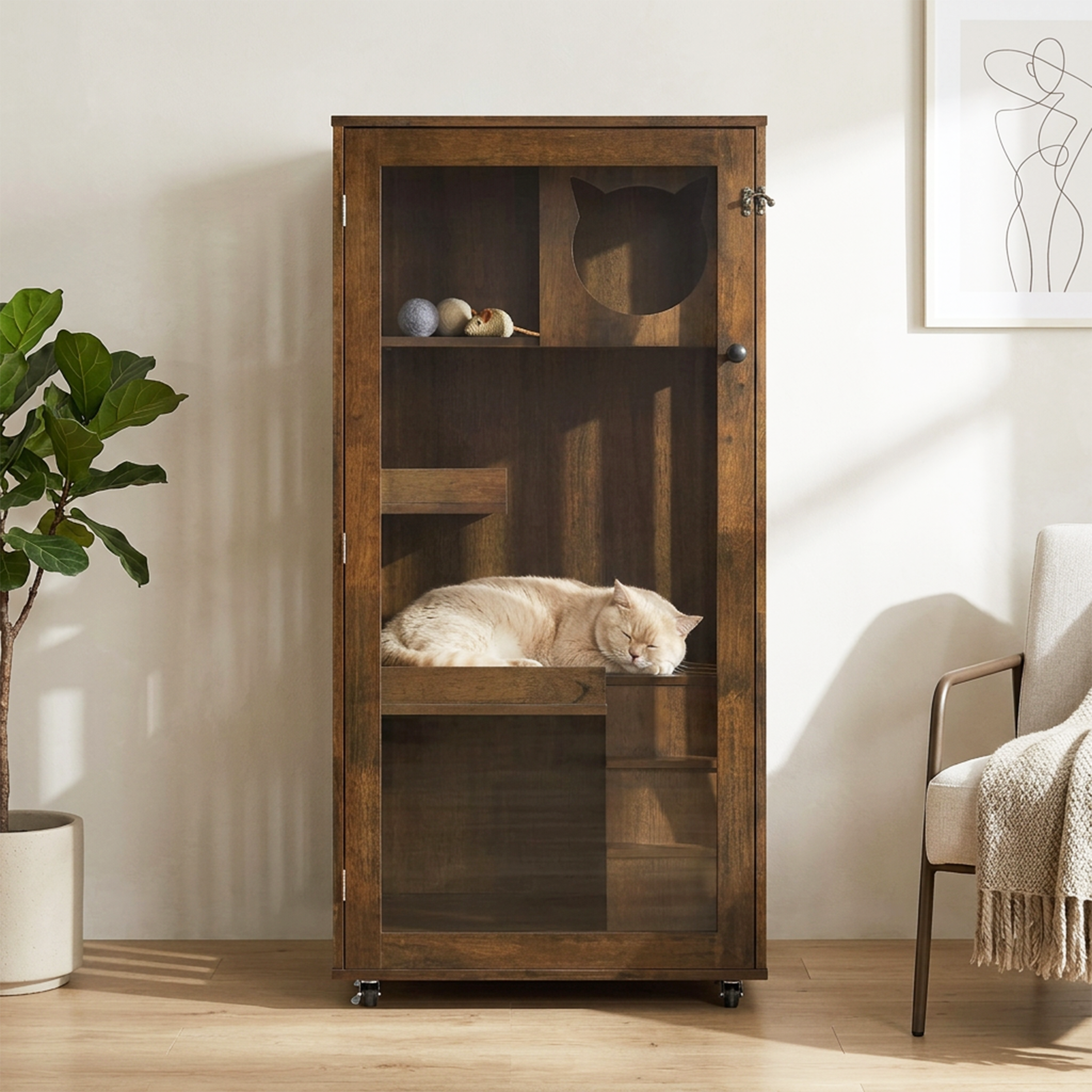 Armoire de chat en bois de caoutchouc intérieur Basia avec roues