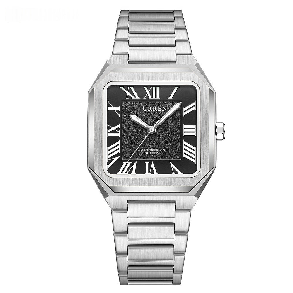 Montre Quartz à l'épreuve de l'eau carrée simple homme avec chiffres romains et bande d'acier mode
