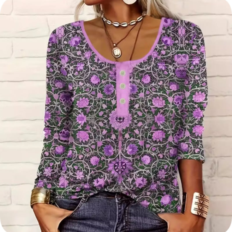Col rond Floral imprimé Henley manches longues Top
