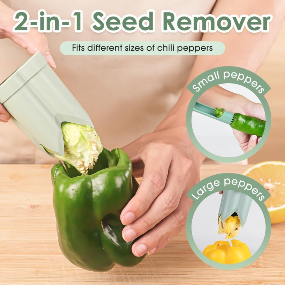 Mise à jour de l'outil Corer & Deseeder de graines de poivre 2-en-1 - White Bell Pepper & Jalapeo Core Remove