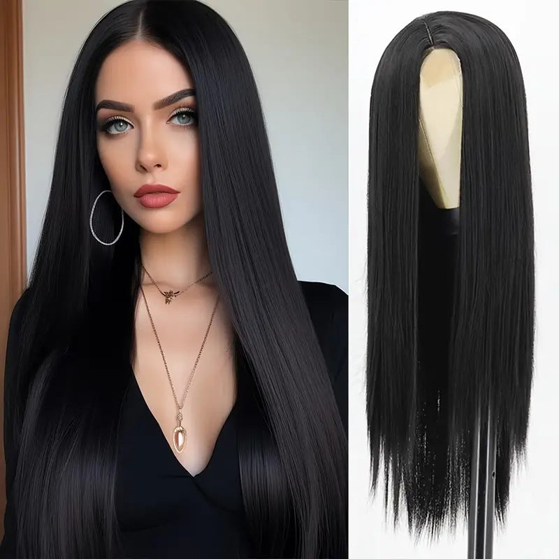 Mid-long Long Cheveux Noir Long Droit Style de perruque quotidienne pleine tête