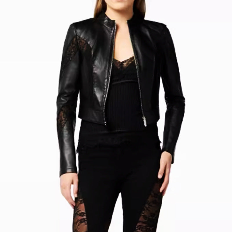 Veste en cuir de dentelle de faux patchwork