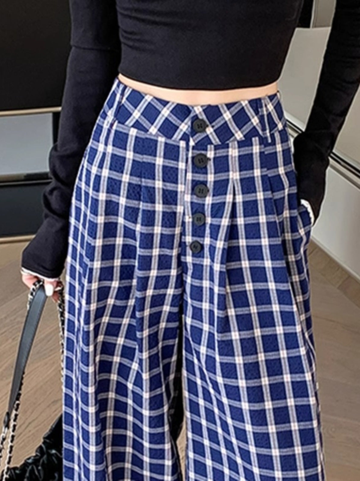 Pantalons à jambe droite en Plaid Bleu pour femmes