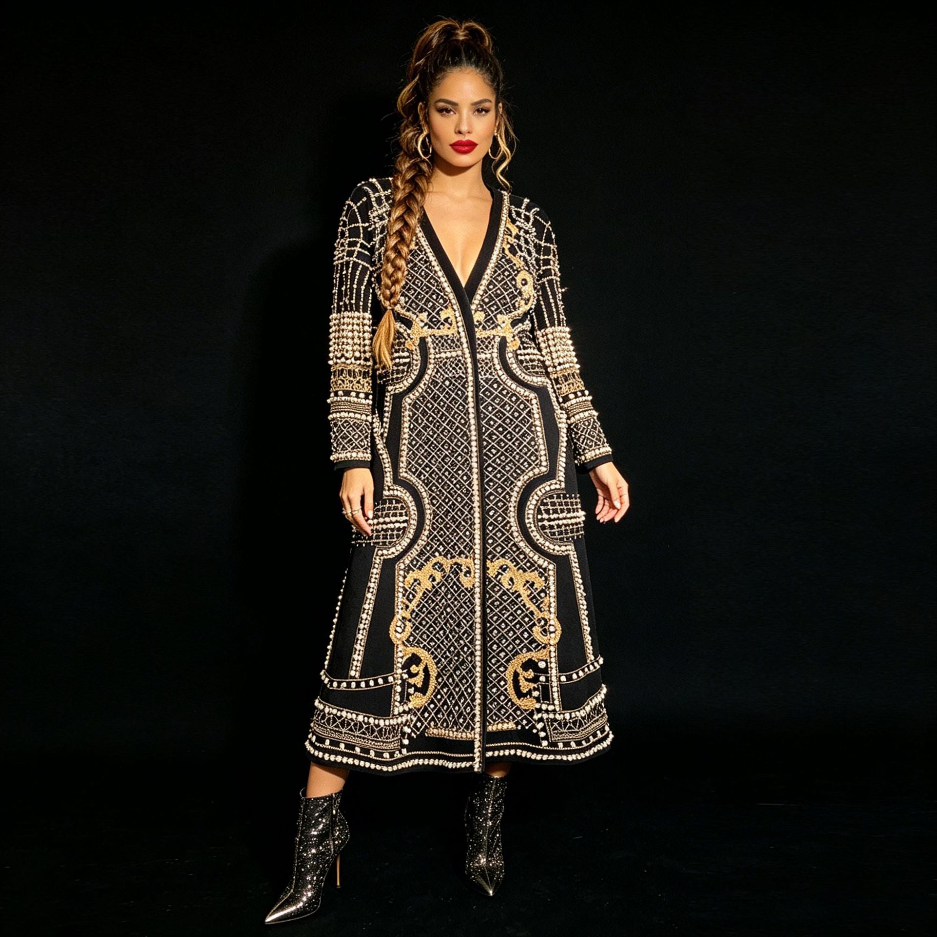 Manteau à manches longues pour femmes avec impression florale et perles
