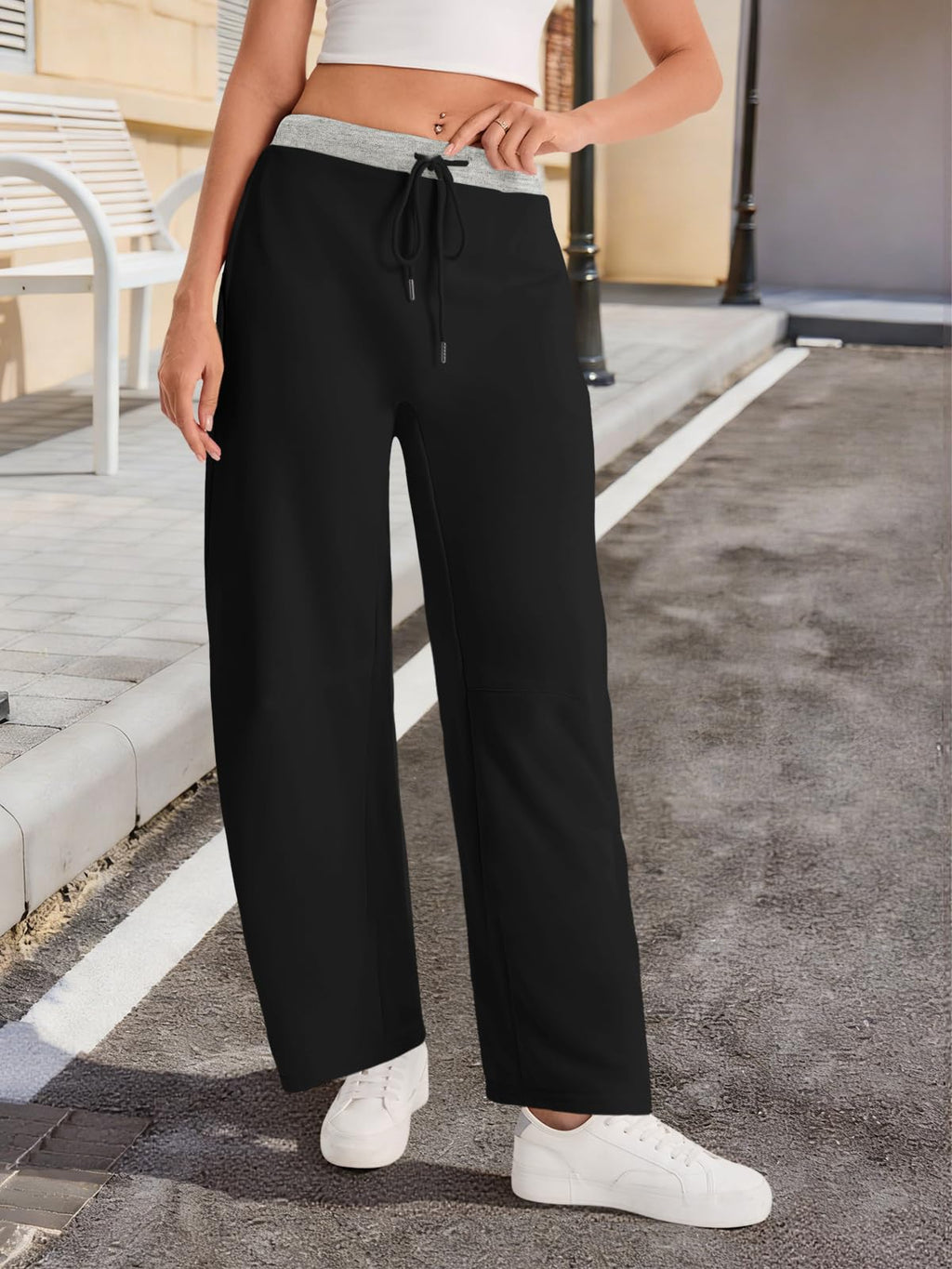Fisoew femmes large jambes sweatpants Baggy cordon drawstring élastique Waisted Travel Pants Colo