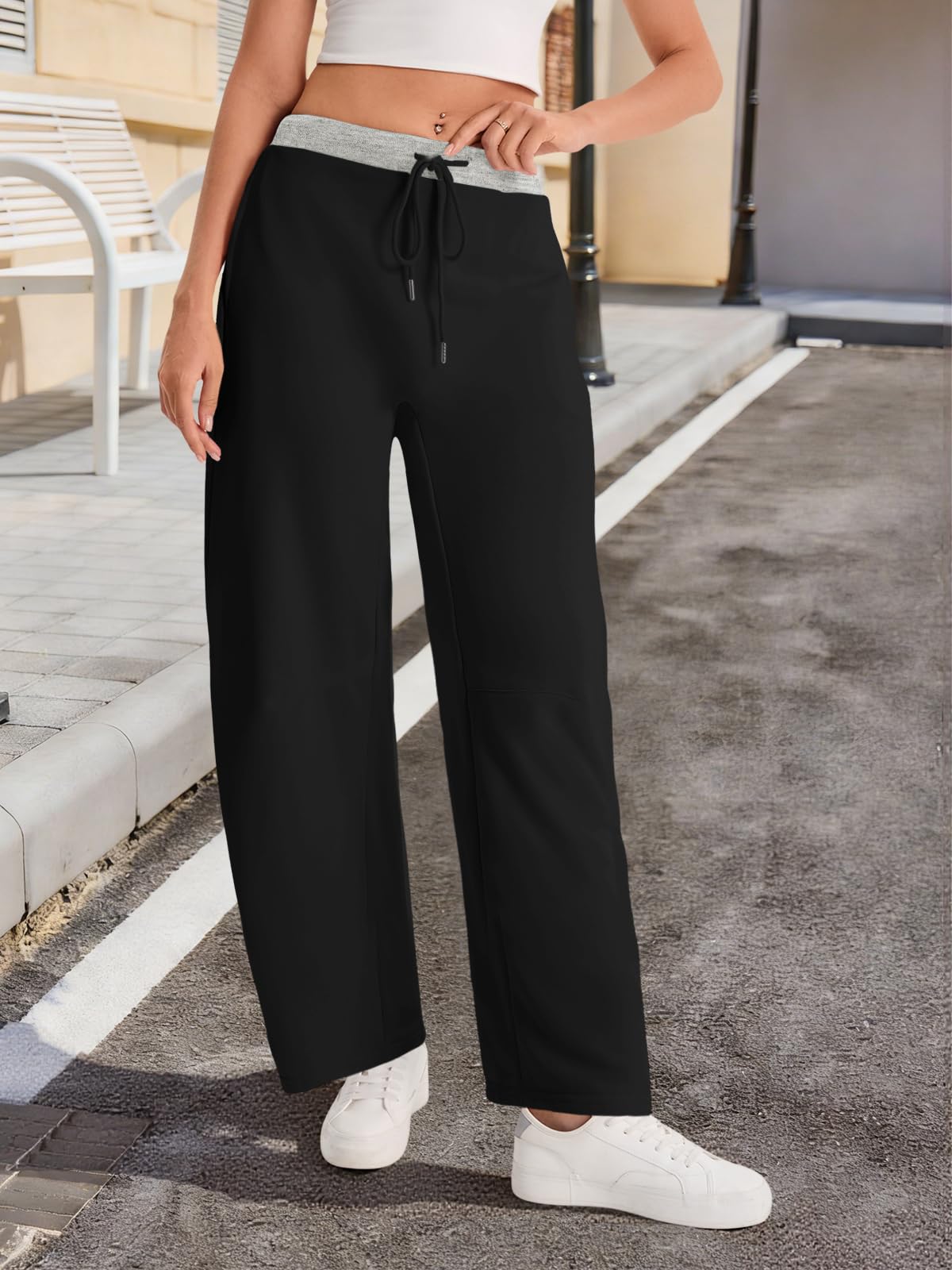 Fisoew femmes large jambes sweatpants Baggy cordon drawstring élastique Waisted Travel Pants Colo
