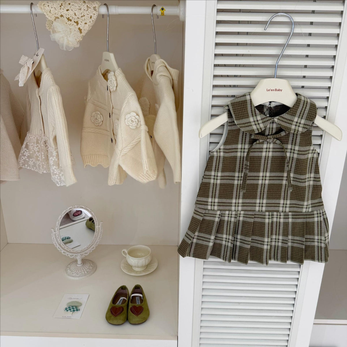 Petites filles Matcha Vert Plaid Vest Robe Et Set de Cardigan