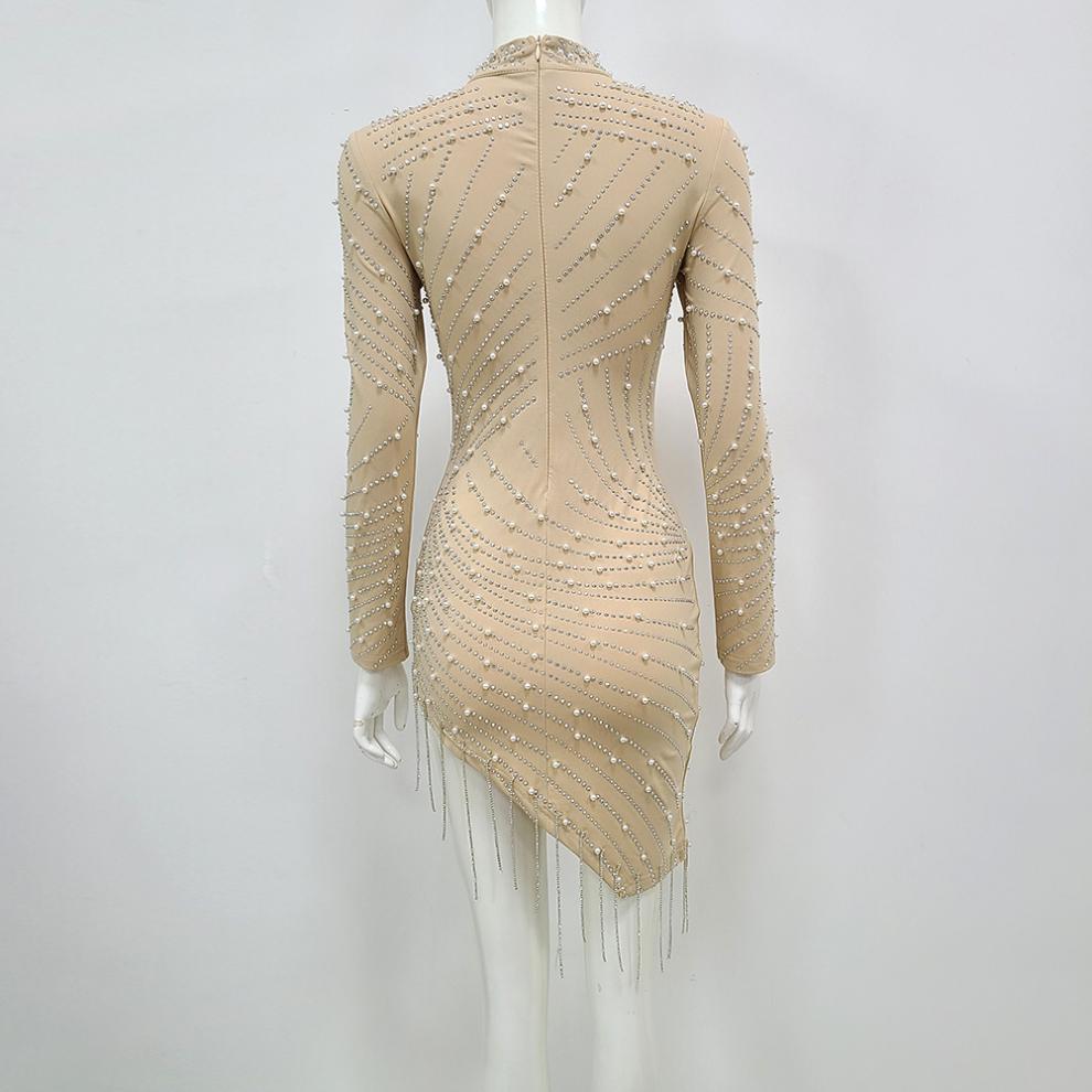 Lourd Industrie Perle Strass Stretch Side Seam Tassel Robe courte