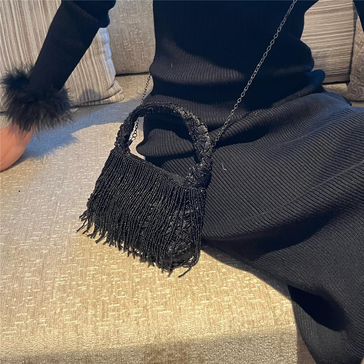 Style chinois Vintage Handmade Solid-black Perle Tassel Tote Bag