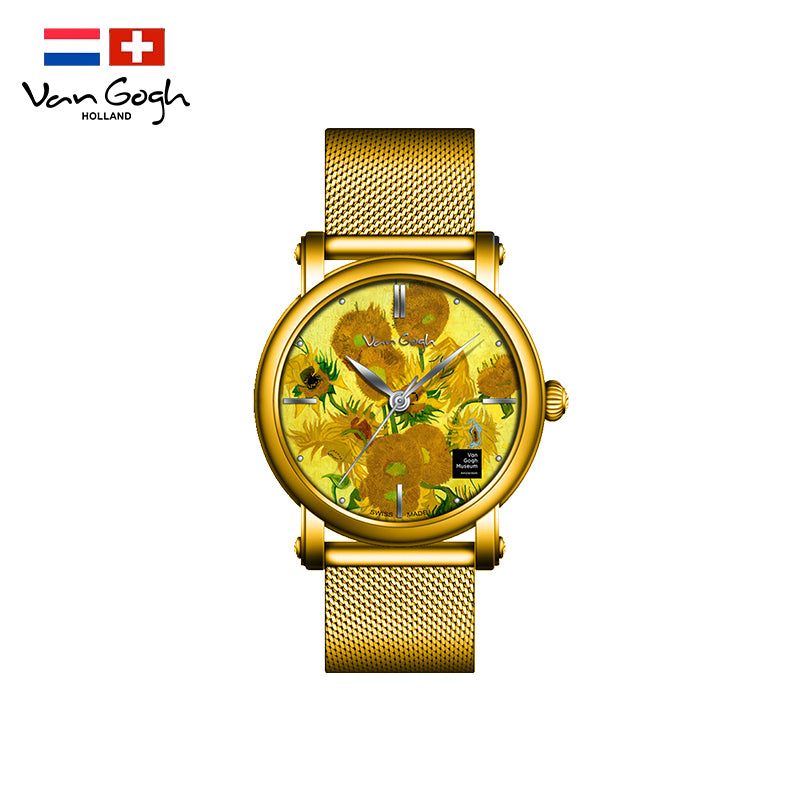 Van Gogh Montre Quartz Femme 3D imprimé peinture à l'huile Cadran Bracelet en acier tournesols