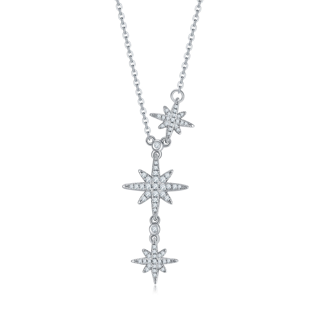 S925 Collier d'étoile de pave argentée Sterling 3-Tier Meteor Pendentif 43cm Platine plaqué GRA Cer