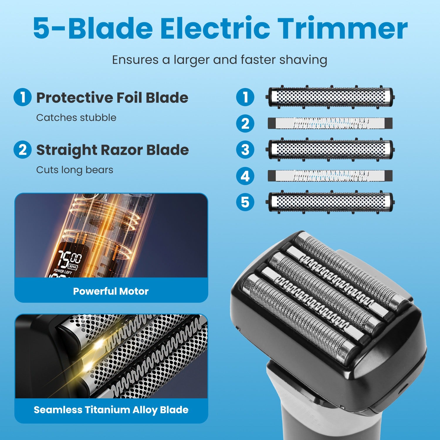 Rasoir électrique 5-Blade pour les hommes Bard à barbe humide et sèche Trimmer P