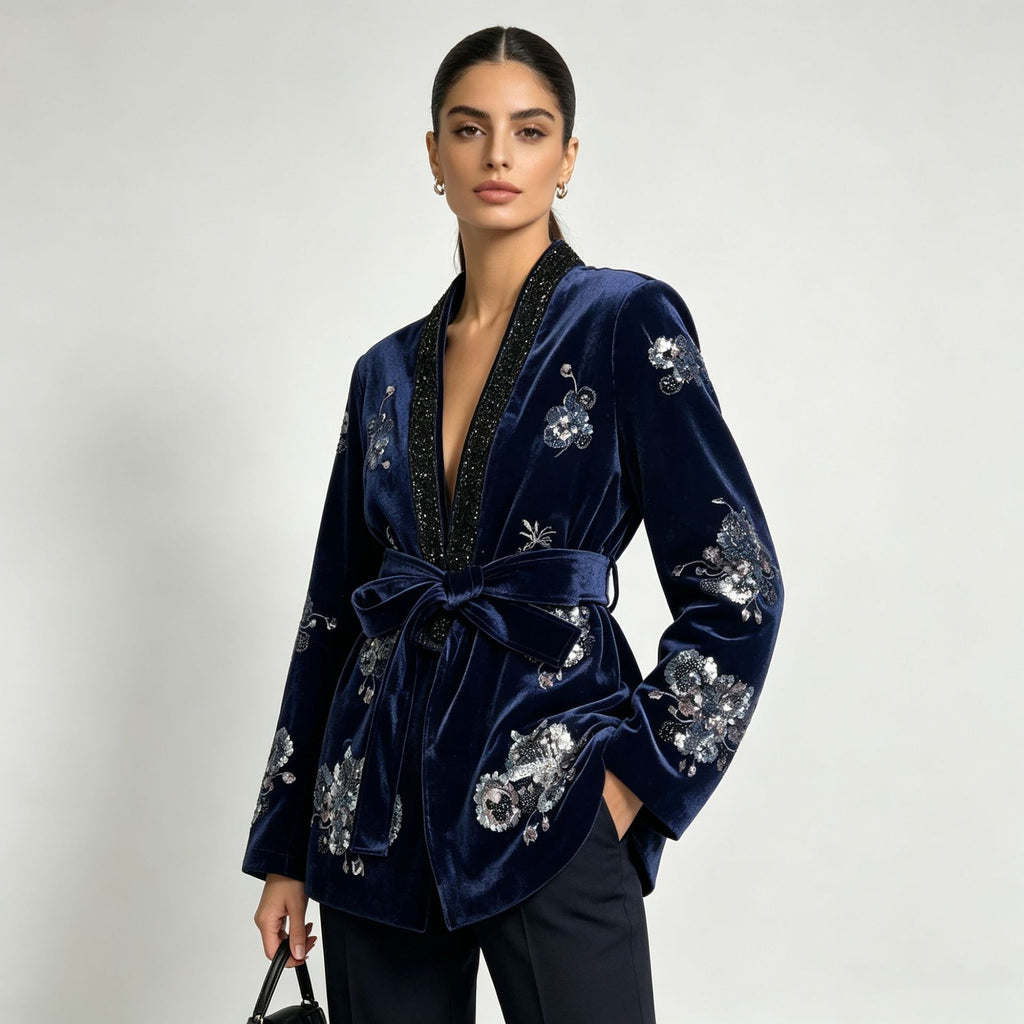 Veste florale brodée à paillettes Kimono