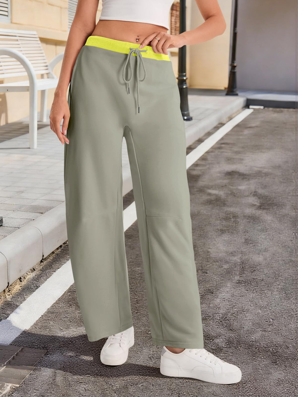Fisoew femmes large jambes sweatpants Baggy cordon drawstring élastique Waisted Travel Pants Colo