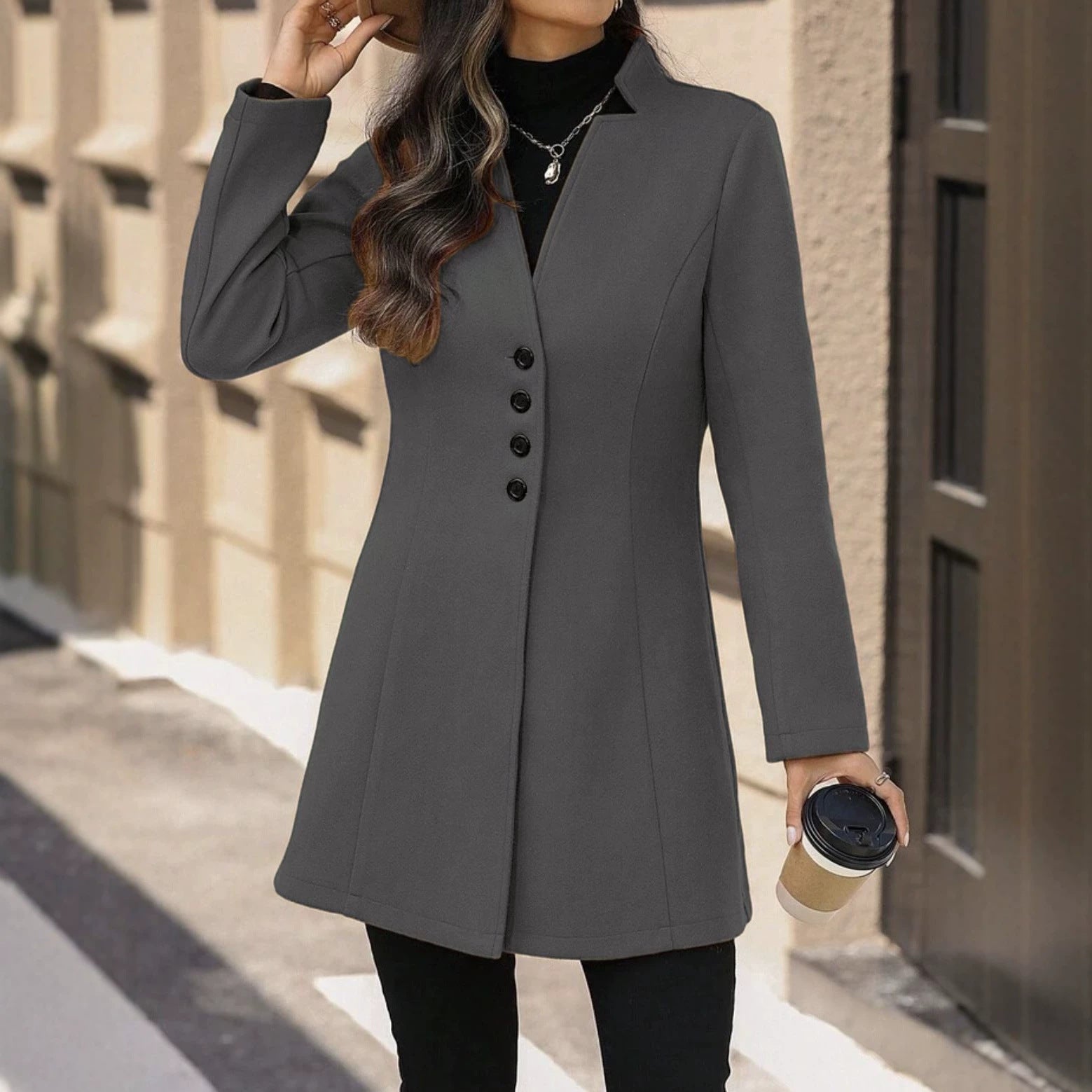 Élégante laine Stand-collar Trench Coat Style mi-long pour les femmes