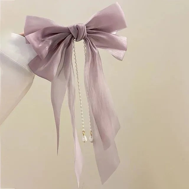 Ethereal Bow Pearl Tassel Clip Cheveux Femmes Ribbon Updo Élégant ressort Clip Cheveux Accessoire